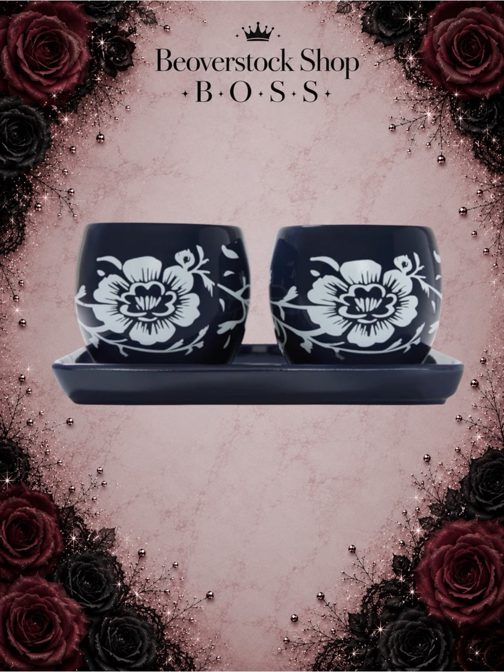 NEW Summer & Rose Ceramic Planters Set of 2 with Tray – Blue Floral Design